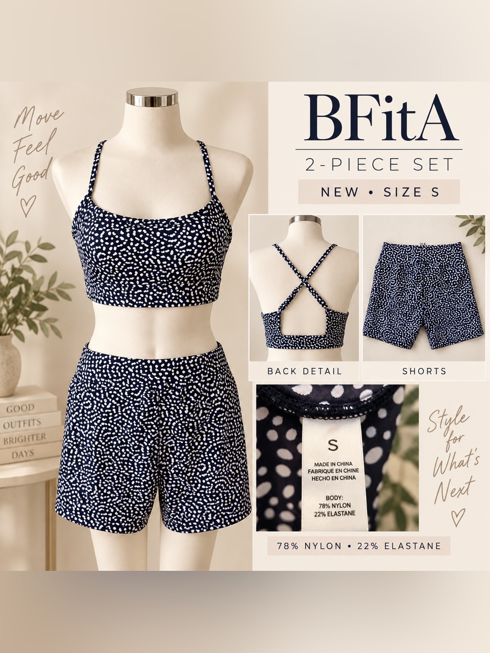 BFitA Navy White Spotted 2-Piece Activewear Set Crop Top Shorts S